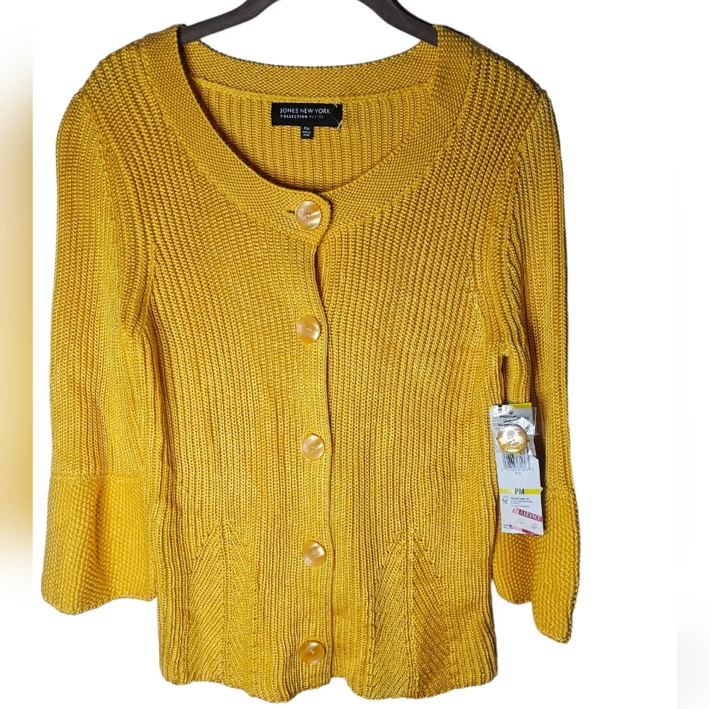 Jones New York gold knitted sweater/cardigan button down 3/4 sleeves size PM